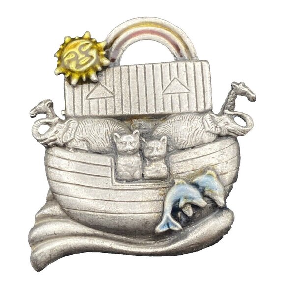 NOAH'S ARK Brooch Silver Tone Signed KC Giraffe Elephant Dolphin Cat Sun Rainbow - Picture 1 of 6